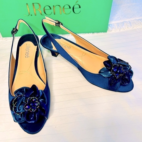 J. Renee Slingback Pump Navy Satin Leonelle Embellished Bow Peep Toe size 8M - Picture 1 of 16